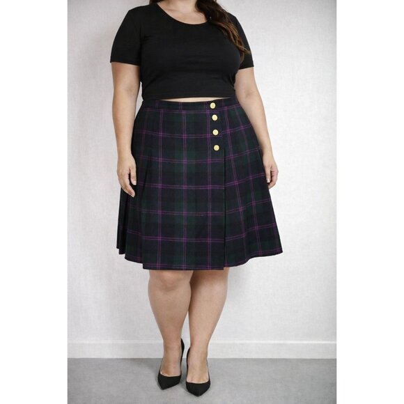 Valerie Stevens Dresses & Skirts - Vtg 90's Valerie Stevens Plaid PURE WOOL Pleated Button Green Purple Skirt